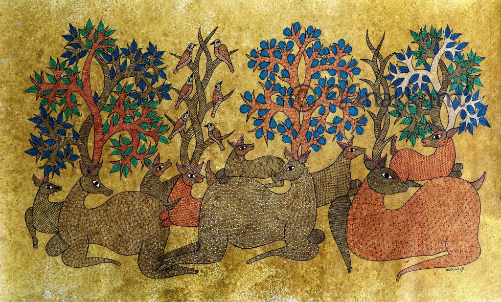 Deer Family Gond Art by Brajbhooshan Dhurwe